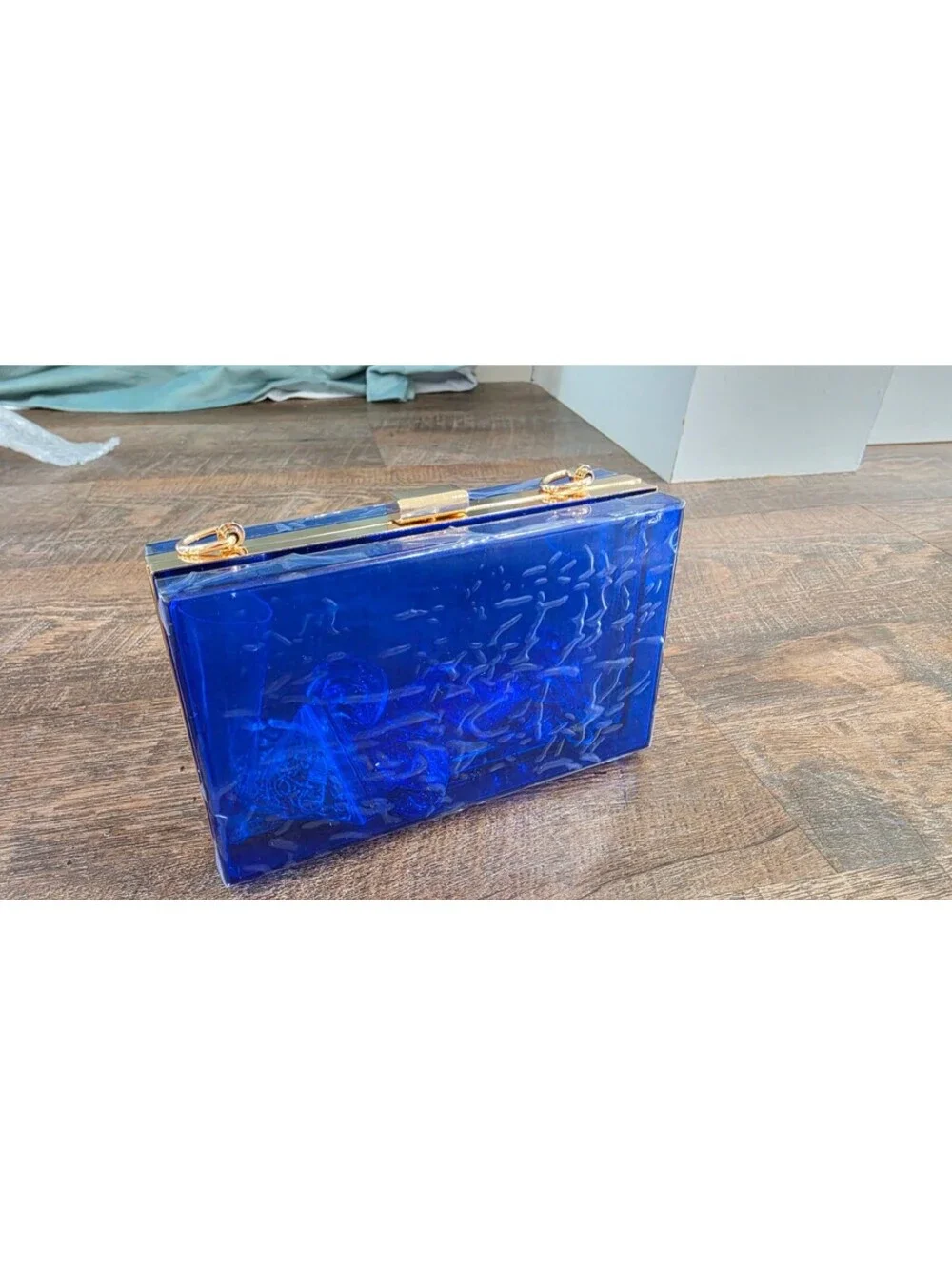 Modern Blue Acrylic Clutch Bag with Gold Hardware and Chain Handle